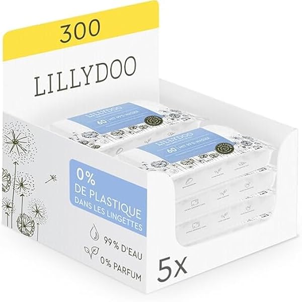 LILLYDOO Chusteczki nawilżane dla niemowląt z 99% wodą, 10 x 15 sztuk (150 chusteczek nawilżanych), w 100% bez plastiku, bez perfum i łagodnych jak wata i woda