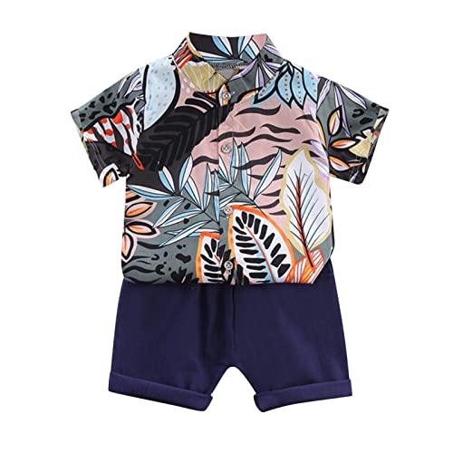 NLGToy Conjunto de roupas para bebês meninos, vintage, manga curta, folhas, estampadas, botões, cami