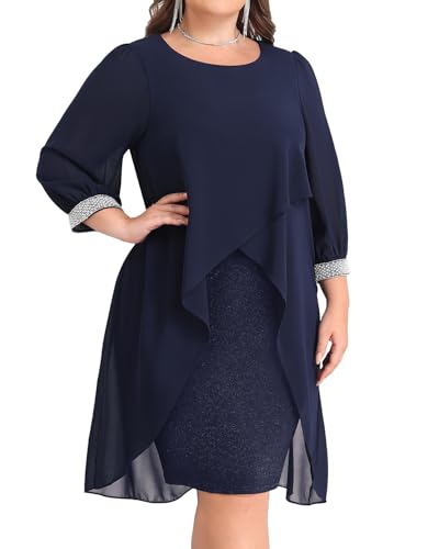 Plus Size Cocktail Dress - Elegant Chiffon Cape 3/4 Sleeves Glitter Evening Party Wedding Guest Dresses Women Formal