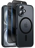 Qasyfanc Magnetisch Transluzente Handyhülle Kompatibel mit iPhone 16 Hülle Kompatibel mit Mag Safe mit 2 Stück Sichtschutz Schutzfolie, Hard PC Kratzfest Stoßfest Matt Schutzhülle - Schwarz