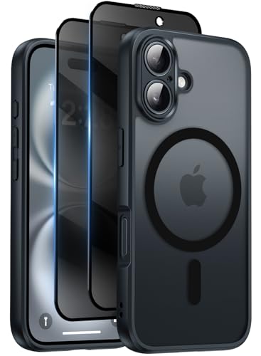 Qasyfanc Magnetisch Transluzente Handyhülle Kompatibel mit iPhone 16 Hülle Kompatibel mit Mag Safe mit 2 Stück Sichtschutz Schutzfolie, Hard PC Kratzfest Stoßfest Matt Schutzhülle - Schwarz