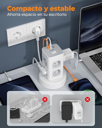 Miniatura 5 de Tessan Regleta Enchufes Con Usb C, 11 En 1 Regleta Vertical Con Interruptor, Torre Alargador Enchufe Con Cable De Extensión Retráctil 2m, 2500w Para Hogar, Cocina