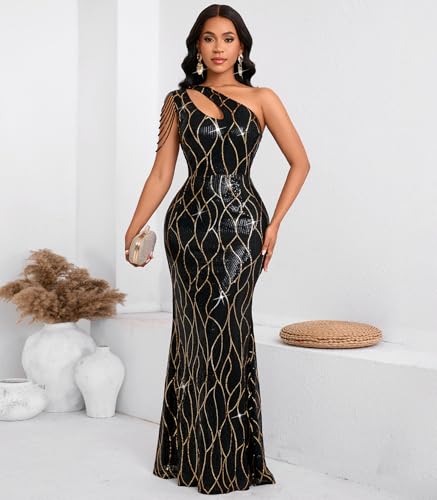 Image of Cololura Women Sequin Elegant Sexy One Shoulder Tassel Mermaid Bodycon Cocktail Evening Dress