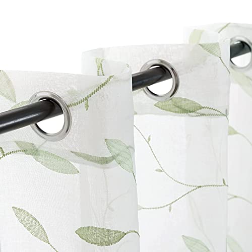 Lazzzy Sheer Curtains Embroidered Floral Leaf Voile Drapes For Bedroom Living Room Grommet Top Window Treatments 2 Panels 84 Inches Green On White #TOP3