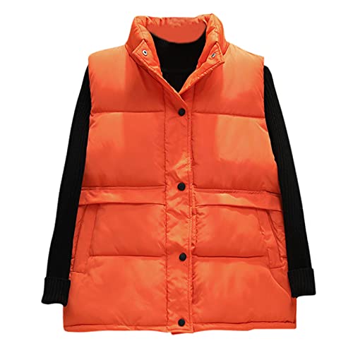 HHoo88 Women s Quilted Down Vest Puffer Cropped High Collar Sleeveless Jacket Coat Warm Windbreaker Padded Down Jackets Gilet Orange