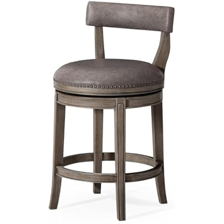 Maven Lane Alexander Counter Stool 26 Inches Swivel Stool with Footrest Grey Solid Wood and Grey Faux Leather Upholstery Perfect for Kitchen Island and Counter
