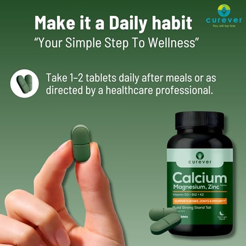 Image of Curever Calcium Magnesium Zinc Tablets with Vitamin D3, B12 & K2 | Bone Strength, Muscle Function & Immunity Support | Mineral Supplement | 60 Tablets