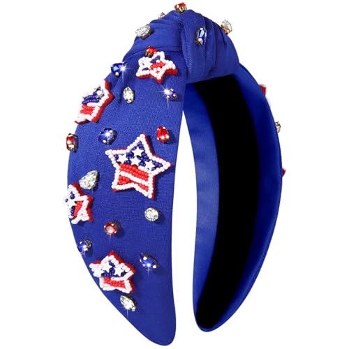 mokkia Patriotic Headband for Women - Knotted Top Knot Headbands with Rhinestone Crystals, Red White and Blue Party Favors (American Flag D)