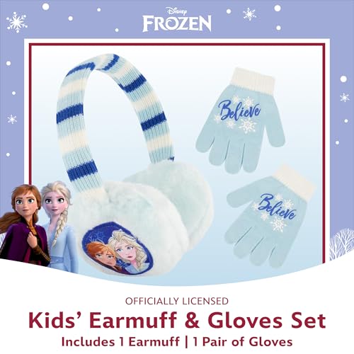 Disney Girls' Winter Earmuffs and Kids Set, Frozen 2 Ear Warmers Ages, Light Blue, Gloves-Age 4-72