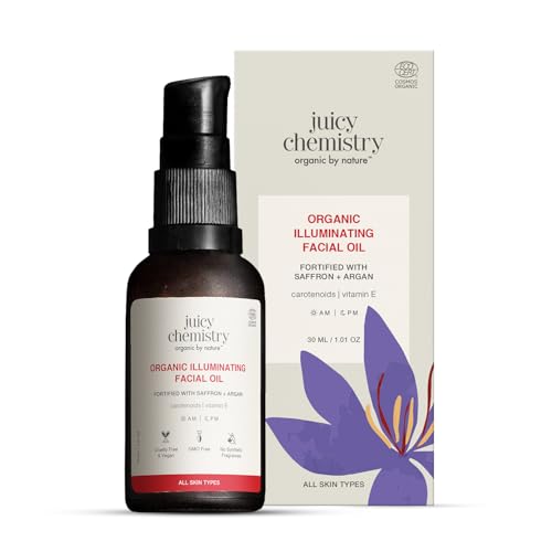 Image of Juicy Chemistry Organic Illuminating Facial Oil with Saffron + Argan, 30 ml | Boosts Skin Glow | Promotes Healthier Barrier | Brightens & Evens Out Skin Tone | Non-sticky & Lightweight | Dermatologically Tested