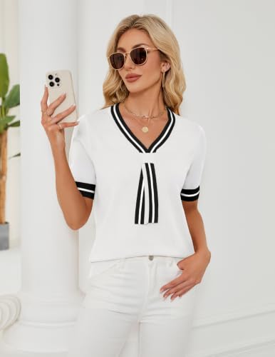 Image of Womens Knit Top Short Sleeve Sweater Work Summer Tops Cute Business Blouse | Lightweight Cute Bow Tie Sweater 2026 Chic V Neck Business Casual Outfits Tops