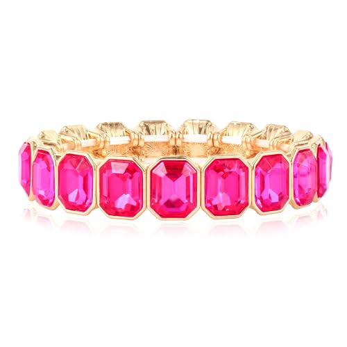 KELMALL 14K Gold Plated Stretch Bracelet for Women – Pink Rhinestone Elastic Bangle – Hypoallergenic Statement Jewelry for Daily Wear, Parties and Gifts