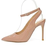 MiaZane Sandales À Talons Hauts pour Femmes – Talons Aiguilles Élégants – Chaussures Habillées pour Femmes – Cuir Verni – Boucle De Bride À La Cheville,Nude,35 EU