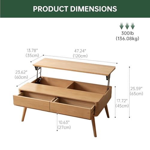 Image of Solid Oak Wood Lift Top Coffee Table for Living Room, Fully-Assembled