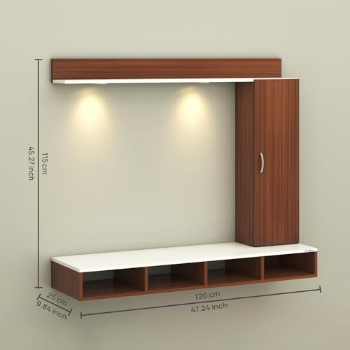 Image of Anikaa Dorex Engineered Wood Wall Mounted TV Unit with LED Lights, Storage Cabinet & Display Shelf for Living Room | Ideal for Upto 43 Inch TV- Walnut /White(DIY Installation)