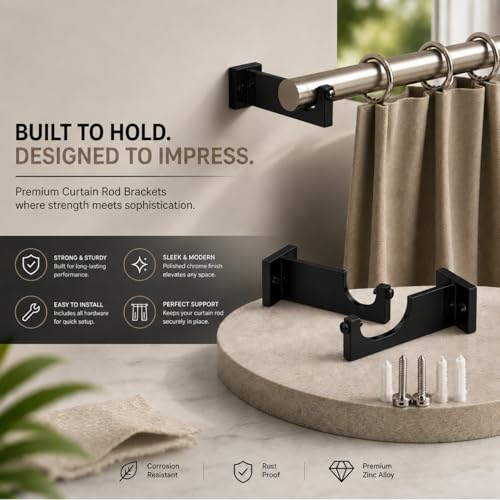 Image of Elite Aluminum Curtain Rod Brackets - Heavy-Duty Wall Mount Clamps for Curtain Rod Support for Door and Window Curtain Rods with Screw and Wall Plug - Pack of 2PCS (Curve Black)