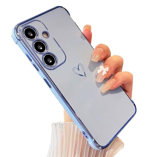 Knoowcase for Samsung Galaxy A15 Case Samsung A15 Phone Case for Girls Women Shockproof Flexible Silicone Bumper Lens Protection Luxury Plated Gold Heart Slim Anti Scratch Phone Cover, Blue