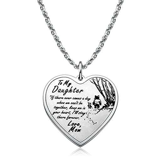 Ralukiia To My Daughter Necklace From Mom, Pooh Bear Piglet Jewelry Gifts For Daughters, Inspirational Heart Pendant Gift For Girls From Mother, Silver #TOP18