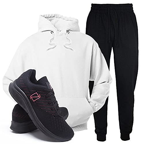 Conjunto Blusa e Calça Moletom + Tenis Academia Casual Conforto - Branco/PretoRosa - P/35