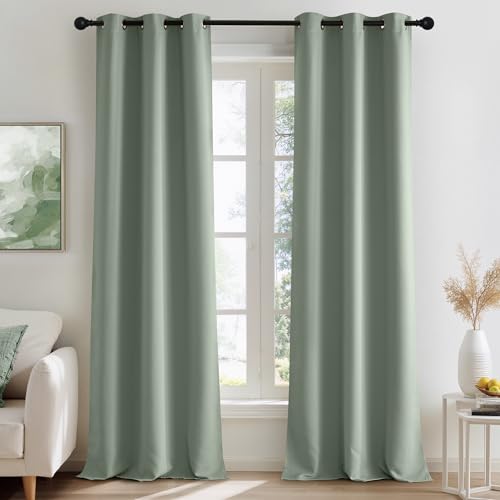 Image of NICETOWN Sage Green Room Darkening Curtains 90 Inches Long 2 Panels for Living Room, Bedroom, Nursery Summer Thermal Insulated Blackout Drapes Grommet Noise Reducing Window Treatment, W40
