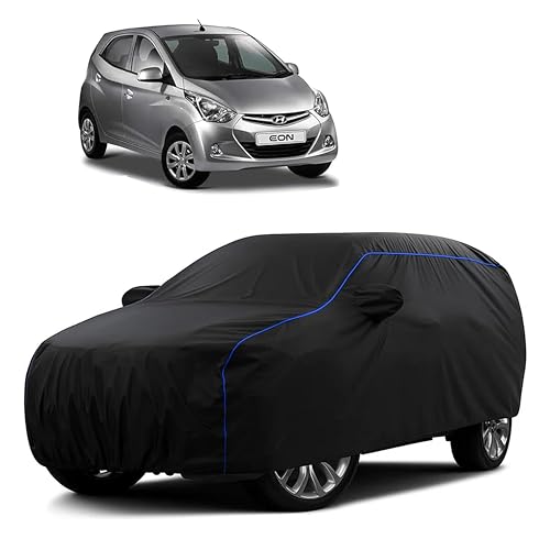 Image of Sulfar 100% Water Resistant Car Body Cover Compatible with Mirror for Hyundai Eon (Triple Stitched, Full Bottom Elastic, Black Tafetta with Blue Piping)