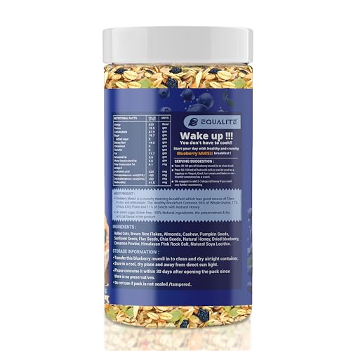 Image of Equalite Blueberry Muesli I Dry fruits I Muesli I Fruit and Nuts I No added sugar I Granola I High protein I Breakfast I Healthy food I Protein food I Gluten Free |No preservatives | High fiber | Omega-3 | High Minerals & Vitamins |Weight loss food I Equalite foods | 350g