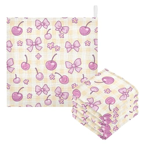 vvfelixl Gingham Cherry Bow Baby Burp Cloths Baby Muslin Washcloths for Boys Girls Cotton Babys Face Towel for Newborn Infants Soft and Absorbent 11.8 X 11.8 in, 5 Pack3