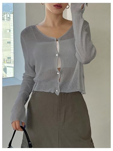 Image of Floerns Women's Ribbed Knit Long Sleeve Button Front V Neck Cardigan Crop Top