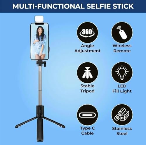 Image of EDNITA E9+ Selfie Stick Tripod with Light, 67 inch /170CM Reinforced Tripod for Mobile Phone, Multi-Functional Bluetooth Long Selfie Stick for Travel,Vlogging,Compatible with iPhone & All Smartphones