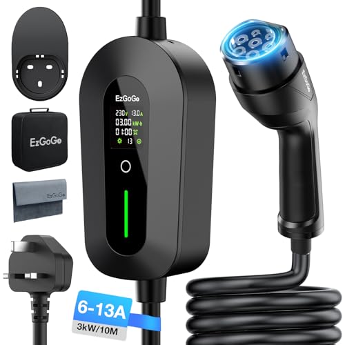 EzGoGo EV Charger Cable Type 2 to 3 Pin Plug 32.81Ft/10M Electric Car Charger 3kW [6/8/10/13A] Type 2 Charging Cable 3 Pin EV Charger IP65 Advanced Protection Suitable for EVs & PHEVs