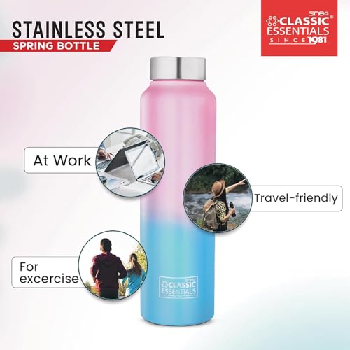 Image of CLASSIC ESSENTIALS Spring Stainless Steel Water Bottle 1000 ml | Best Usage for Office /School /College /Gym / /Home /Fridge | Leak Proof, Eco-Friendly | (Pink Blue) (Set of 1)