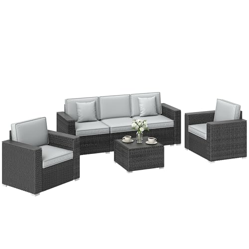 Image of Outsunny Luxury 5 Seater Rattan Garden Furniture Set, Outdoor Heavy Duty Patio Conversation Set with Wide Seats, Sofa, Armchairs, Acacia Wood-Top Coffee Table, Cushions & Pillows, Dark Grey