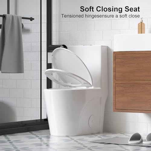 Inodoro de una pieza, inodoro de doble descarga, inodoro alargado, altura ADA 12 pulgadas con sifón en S, cerámica blanca brillante, asiento de cierre suave, descarga sifónica potente de 1000 g, montaje en piso para baños miniatura 4