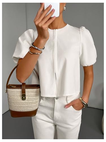 SweatyRocks Women's Summer Puff Short Sleeve Crew Neck Boxy Trendy Blouses Shirt Top3