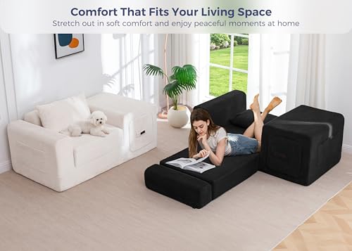 Image of MAXYOYO Folding Sofa Couch, Convertible Floor Sofa with Armrest, Multifunctional Sofa with Pillow and Pockets, Boneless Couch for Living Room, Black