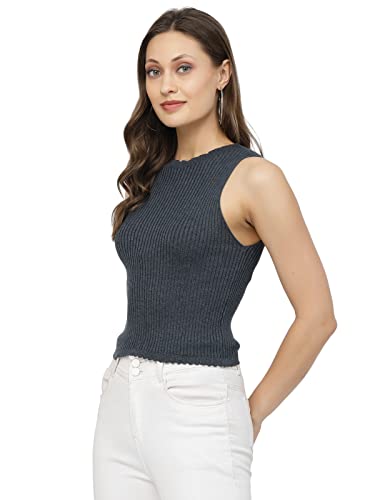 Image of Kalt Womens Knitted, Ribbed Cotton Fitted Sleeveless Round Neck Cami Tank Top