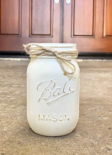 White - Hand Painted And Distressed Mason Jar, Pint 16 Oz. Regular Mouth Rustic Farmhouse Style Mason Jar, White Mason Jars, White Vase Mason Jars, White Mason Jars For Centerpieces, Painted Mason Jar #TOP3