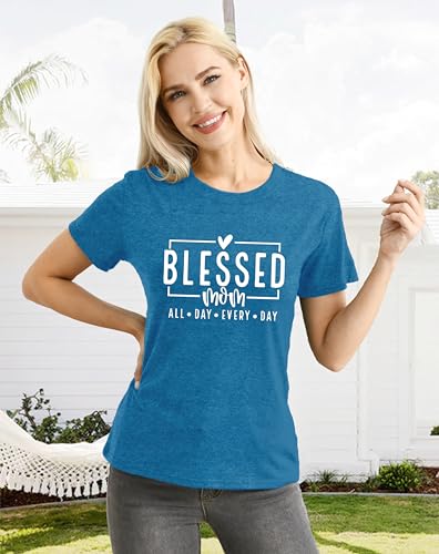 CQF Women Mom Shirt Blessed Mom All Day Every Day Letter Print T-Shirt Best Mama Tee Tops Blue