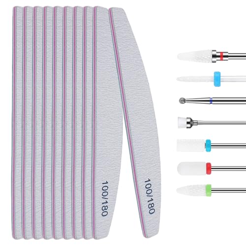 YHTSPORT Set di 17 pezzi lime per unghie 100 180 e 3/32 punte fresa unghie, 10 lima per unghie professionale, 7 punta fresa rimozione gel ceramica, Accessori unghie per manicure pedicure