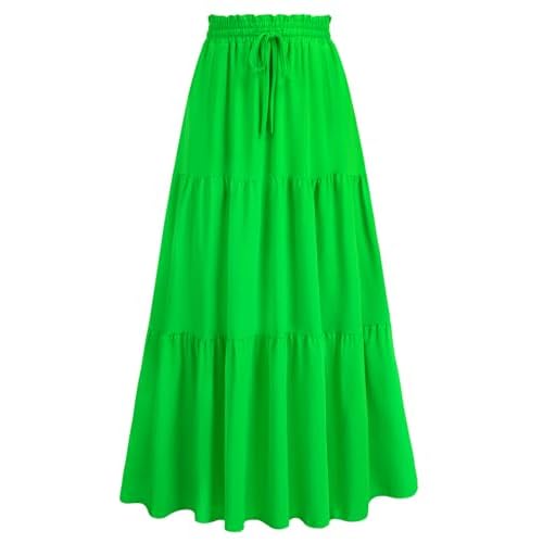 HUSKARY Women's Summer Long Maxi Flowy Tiered High Waist Trendy Ruffle Skirt with Pockets XX-Large Bright Green