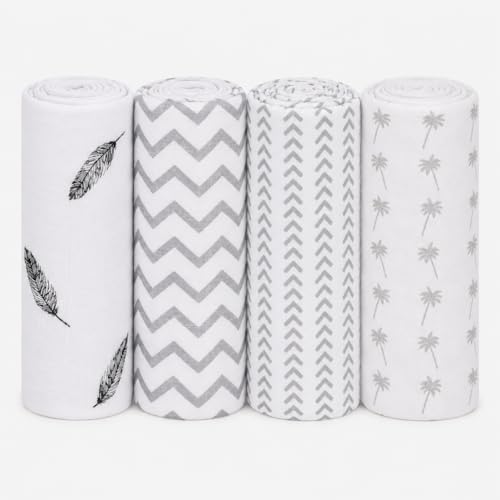 Image of Pure Cotton Muslin Baby Swaddle Blanket for Newborn Baby - Super Soft Wrapper Cloth, Gentle on Baby Skin (120 x 120 CM) - Pack of 4 | Black Wing & Grey Zig ZAG & COCUNUT & Half Zig ZAG