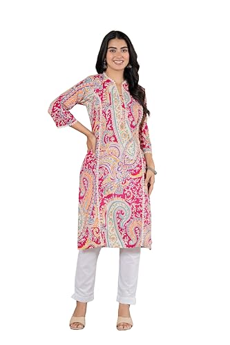 Image of Women's Cotton Straight Kurti with Geometric Print, 3 /4 Sleeves, Lace Trim Detail, Regular Fit, Casual Wear