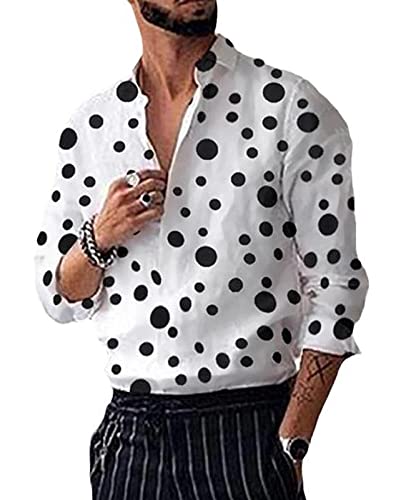 Chemise à Pois pour Hommes, Chemises à Manches Longues à Imprimé Graphique Décontracté à La Mode Blanc L
