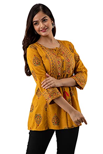 Image of DMP FASHION Women's Rayon Classic Printed Boota Top with Beautiful Tassels and Buttons at Front Black