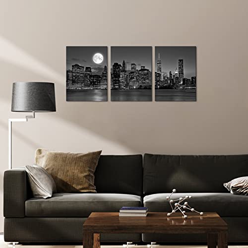 Homeoart New York City Night Skyline Wall Art Full Moon Landscape Black And White Picture Canvas Prints Manhattan City Poster Framed Artwork Living Room Bedroom Decor 12"X16"X3 Pieces #TOP1