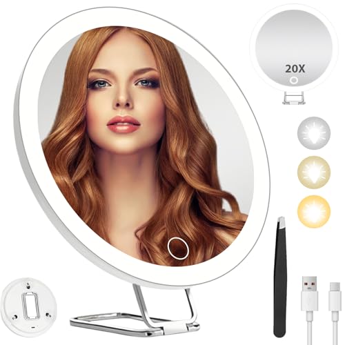 GOEDCH Espejo de Aumento 20x: Espejo Maquillaje con luz e 3 Ventosas, Espejo de Bolsillo de Gran Aumento con Tijeras para Las Mujeres Maquillaje Diario, 15cm