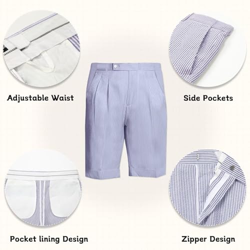 Mens Summer Seersucker Shorts Striped Slim Fit Flat Front Walk Short Pants Sear Sucker Suit Flat Front Shorts Blue S2