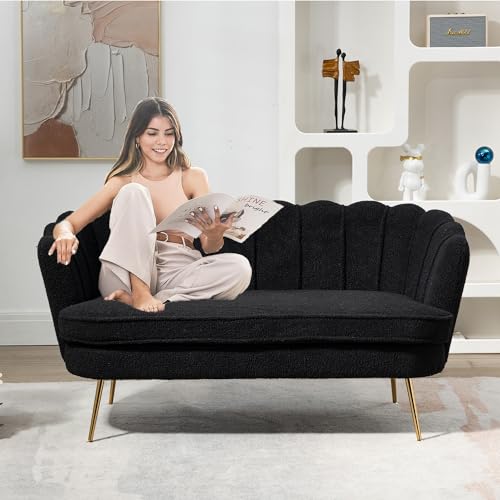 Black Modern Boucle Loveseat Couch,Futon Small Sofa with Gold Metal Legs ,2-Seater Upholstered Mini Sofa Couches for Small Space,Living Room Bedroom Office Dorm Studio Apartment Couche(Black)