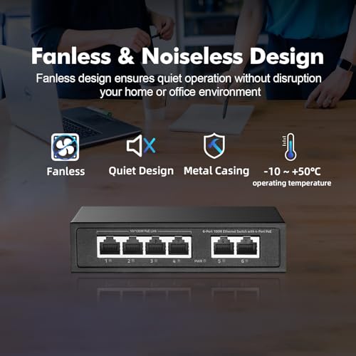 Image of 6 Port Mini PoE Switch with 4 PoE+, 2 Uplink, 10 /100Mbps Ethernet, 65W 802.3af /at PoE, Fanless Metal Plug & Play PoE+ YuLinca Network Switch