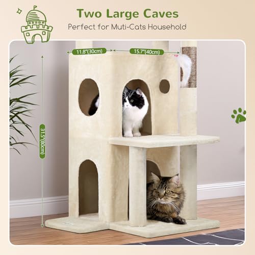 Image of Globlazer Cat Tree Tower for Indoor Cats, 50-inch Adult Cat Tree House for Large Adult Cats with Steps, Scratching Post, 2 Cat Caves, Dangling Toys, FC50, Beige